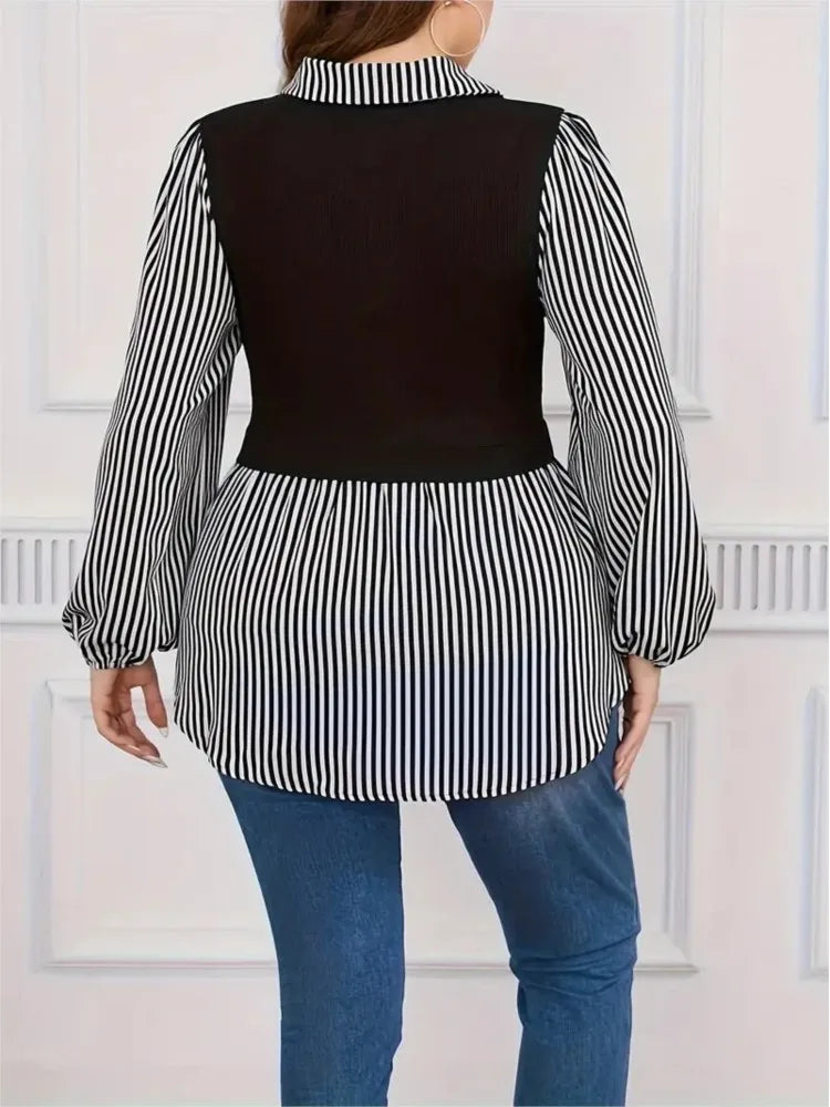 Plus Size Autumn Striped Print Patchwork Pullover Tops Women Casual Fashion Ladies Blouses Loose Long Sleeve Woman Tops