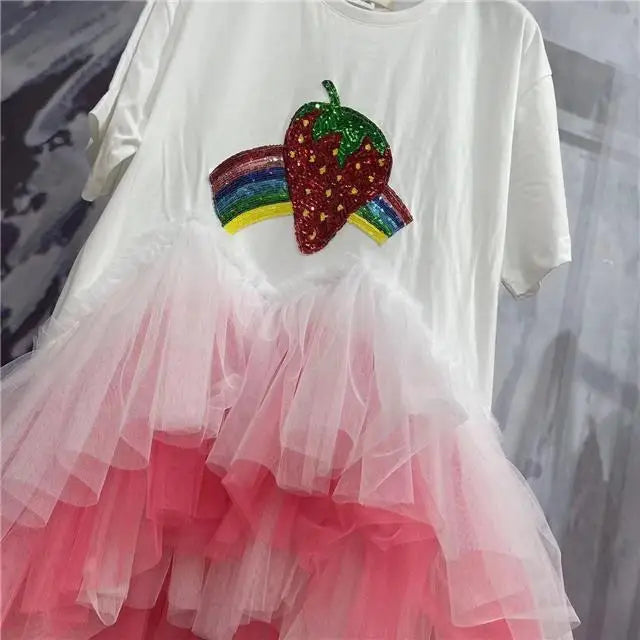 Chic Strawberry Embroidery Contrast Color Mesh Splice Ruffles T-shirt Dress Gauze Ruched Rainbow Skirt Tees Jumper Tops Vestido