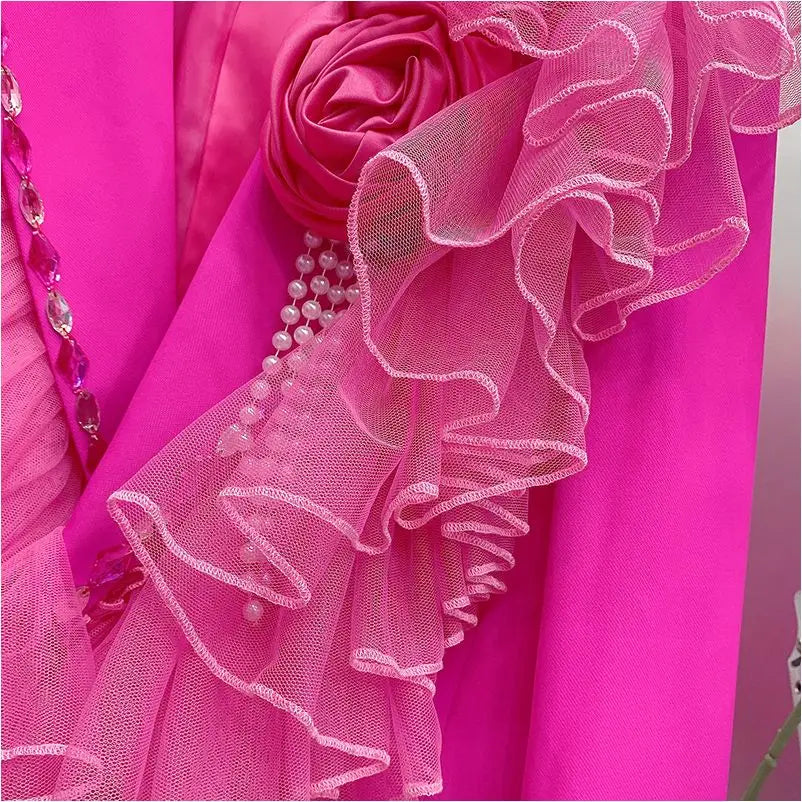 Glamorous Hot Pink Blazer with Ruffled Tulle & Pearl Embellishments