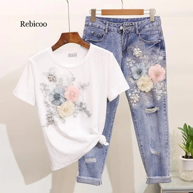 Women Heavy Work Embroidery 3D Flower Tshirts + Jeans 2pcs Clothing Sets Summer Casual Suits