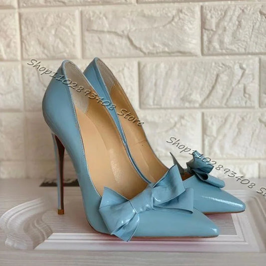 Blue Bow Knot Decor Pumps Patent Leather Stiletto High Heels Pointed Toe Pumps Women Spring Sweet Shoes 2023 Zapatos Para Mujere