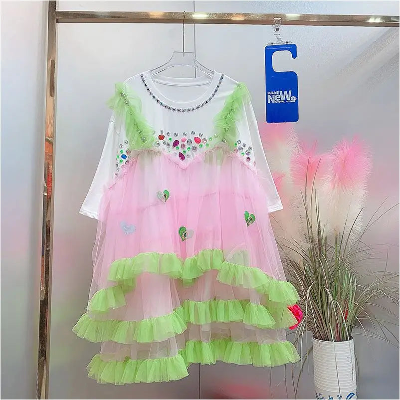 Summer Contrast Color Diamonds Beaded Mesh Spliced Ruffles T-Shirts Dress Rhinestones Gauze Patchwork Pleated A-line Tees Dress